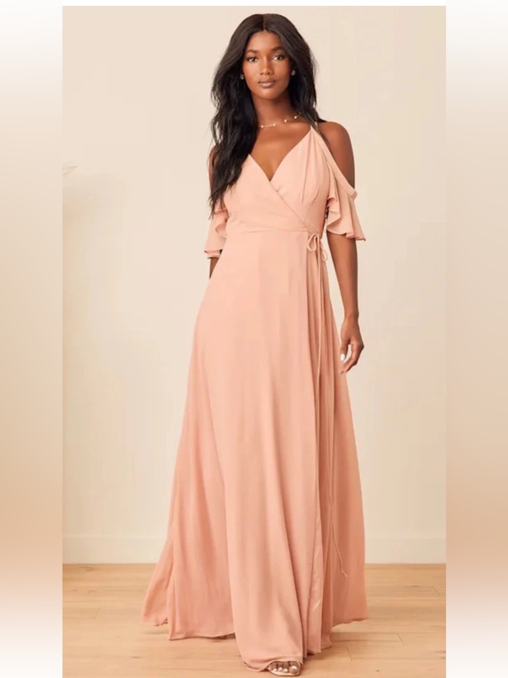 Lulus Easy Listening Blush Cold Shoulder Wrap Maxi Dress XS Elegant Feminine